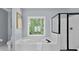 Bright bathroom featuring a soaking tub next to a window and a separate glass-enclosed shower at 2316 Fripp Overlook Nw, Acworth, GA 30101