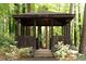 Close up of the wooded gazebo with a fan, wood plank siding and diamond details at 2179 Mountclaire Ct, Stone Mountain, GA 30087