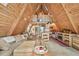 Open-concept living room showcases exposed beams, wood paneling and integrated kitchen at 3620 Beaver Cove Rd, Cumming, GA 30041