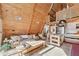 A-frame living room with wood paneling, a cozy seating area, kitchen, and a unique loft space with ladder access at 3620 Beaver Cove Rd, Cumming, GA 30041