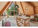 An A-frame living room with access to a back deck, a wooden ladder, kitchen, and a cozy seating area at 3620 Beaver Cove Rd, Cumming, GA 30041