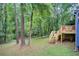 Wooded backyard featuring a multi-tiered deck, mature trees, and lush greenery at 3076 Montheath Pass, Duluth, GA 30096