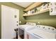Functional laundry room with washer, dryer, shelving, and convenient access to the exterior at 3076 Montheath Pass, Duluth, GA 30096