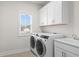 Convenient laundry room with sink, white cabinets, and modern washer and dryer at 625 Skytop Dr, Cumming, GA 30040