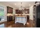 Gourmet kitchen featuring a large island, dark wood cabinets, stainless steel appliances, and hardwood floors at 3015 Southmoor Trce, Roswell, GA 30075