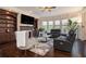 Inviting living room featuring a fireplace, built-in shelves, large windows, and comfortable seating for relaxing and entertaining at 3015 Southmoor Trce, Roswell, GA 30075