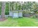 View of the backyard shed with white door and manicured lawn, offering extra storage at 4845 Dartford Dr, Powder Springs, GA 30127