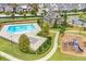 Aerial view of community pool and playground area, offering recreational amenities for residents at 3860 Oxford Park Ln, Cumming, GA 30040