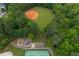 Aerial view of the community featuring a baseball field, soccer field, tennis courts, and a playground surrounded by trees at 192 Sandhurst Ct, Suwanee, GA 30024