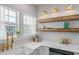 Charming kitchenette featuring a farmhouse sink, floating shelves, and modern lighting fixtures at 995 Lena Nw St, Atlanta, GA 30314