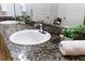 A bathroom vanity with a dark granite top, white porcelain sink, and chrome faucet at 400 17Th St # 2325, Atlanta, GA 30363