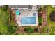Aerial view showcasing a backyard with a swimming pool, spa, patio, and beautifully landscaped yard at 520 Weatherend Ct, Johns Creek, GA 30022