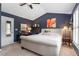 Comfortable bedroom featuring a plush bed, vaulted ceiling, and stylish decor at 520 Weatherend Ct, Johns Creek, GA 30022