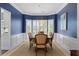 Elegant dining room features blue walls, wainscoting, bay window with blinds, and a classic dining set at 520 Weatherend Ct, Johns Creek, GA 30022