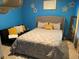 Comfortable bedroom featuring a futon, blue walls, grey headboard and comforter at 11547 Hathaway Dr, Hampton, GA 30228