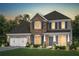 Beautiful two-story home featuring a stone and brick facade, dark roof, blue shutters, and a two car garage at 4317 Azalea Ridge Way, Hoschton, GA 30548