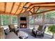 Relaxing screened sunroom with a stone fireplace, ceiling fan, and wooded views at 4120 Abingdon, Cumming, GA 30041