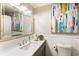 Elegant bathroom featuring stylish vanity with marble countertop, large mirror, and modern fixtures at 215 Ansley Ct, Roswell, GA 30076