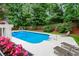 Refreshing backyard pool area complete with lounge chairs, flower pots and views of the privacy fence and surrounding trees at 215 Ansley Ct, Roswell, GA 30076