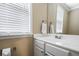 Bathroom featuring a white vanity, sink, and a window with blinds at 496 Bottesford Nw Dr, Kennesaw, GA 30144