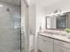 Bathroom featuring a glass shower, granite countertops and white cabinets at 4070 Whitewater Creek Rd, Atlanta, GA 30327