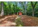 View of a storage shed in the backyard surrounded by trees, moss and pine needles at 4260 Bonaparte Dr, Tucker, GA 30084