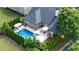 Aerial view showcasing the backyard pool, patio, and lush landscaping surrounding the property at 904 Urban Ash Ct, Johns Creek, GA 30022