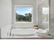 Bright bathroom featuring a soaking tub with marble surround and a large window overlooking a private backyard at 31 Village Trce, Rydal, GA 30171