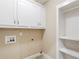 Clean laundry area with white cabinets, shelving and beadboard wall accents at 3905 Pointer Rd, Loganville, GA 30052