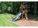 Outdoor playground featuring a climbing wall and a blue slide set on a wood chip bed at 1560 Heritage Trl, Roswell, GA 30075