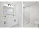 Modern bathroom featuring double sinks, sleek fixtures, and a standing glass shower at 4148 Emerald North Dr, Decatur, GA 30035