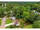Aerial view shows a house with a long driveway and a fenced yard surrounded by trees at 2090 Rocky Mill Drive, Lawrenceville, GA 30044