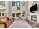 Cozy living room featuring a stone fireplace, large windows, and comfortable seating at 660 Briarleigh Way, Woodstock, GA 30189
