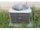 Close-up of the Carrier-branded HVAC unit with surrounding greenery at 414 Norton Xing, Woodstock, GA 30188