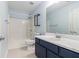 Bright bathroom featuring a tub-shower combo and a blue vanity with a white countertop at 112 Laguna Springs Dr, Woodstock, GA 30188