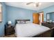 A cozy bedroom with a window, wood trim, and blue painted walls at 965 Laurel St, Morrow, GA 30260