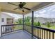 Covered back porch with black railing, ceiling fan, and views of the backyard and surrounding neighborhood at 4035 Starwood Dr, Cumming, GA 30028