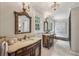 Luxurious bathroom with double vanities, jacuzzi tub, decorative mirrors and elegant light fixtures at 5349 Forest Springs Dr, Dunwoody, GA 30338