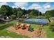 Aerial view of community amenities, including a playground, tennis courts, and green space at 1361 Chatley Way, Woodstock, GA 30188