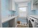 Laundry room with stylish wallpaper, grey cabinetry, and front load washer and dryer at 480 Wimbledon Ne Rd, Atlanta, GA 30324