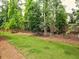 Large backyard with a mix of grass and pine straw, surrounded by a wood fence and mature trees at 913 Sunny Meadows Ln, Marietta, GA 30062