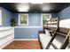 Charming bedroom with a bunk bed, built-in shelving, and blue walls at 4300 May Apple Dr, Alpharetta, GA 30005