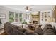 Inviting living room with a stone fireplace, built-in shelves, and a large window with natural light at 4275 Green Summers Dr, Cumming, GA 30028