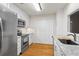 Modern kitchen featuring stainless steel appliances, white cabinets, and ample storage at 111 Abingdon Way, Sandy Springs, GA 30328