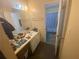 Bathroom with mirror and vanity, adjacent to the shower area at 8951 Stonebridge Blvd, Douglasville, GA 30134