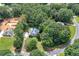 Aerial view of a private home with a pool surrounded by lush trees and landscaping at 90 Barrington Grange Dr, Sharpsburg, GA 30277