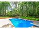 Private in-ground pool nestled in a lush, wooded backyard with a diving board at 90 Barrington Grange Dr, Sharpsburg, GA 30277