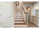 A staircase with wooden steps, white risers, and railings, leading to an upper level at 2940 Bentbill Xing, Cumming, GA 30041