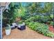 Private backyard seating area with stone table and lush landscaping at 935 Cumberland Ne Rd, Atlanta, GA 30306