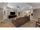 Finished basement with a large TV, comfortable sofa, and dining table in the adjacent room at 2375 Hyde Park Nw Ct, Atlanta, GA 30318